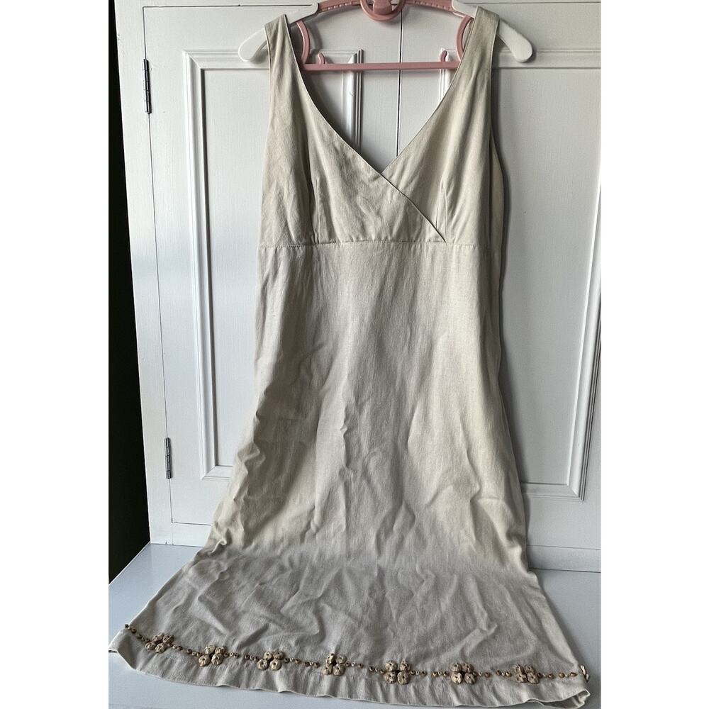 Hand-Beaded Linen Dress Natural Materials Artisan Coastal Beach S botanical